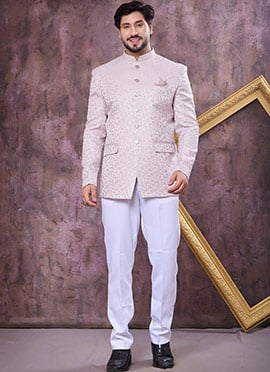 Stylish Onion Pink Jacquard Silk Thread Embroidered Bandhgala Jacket