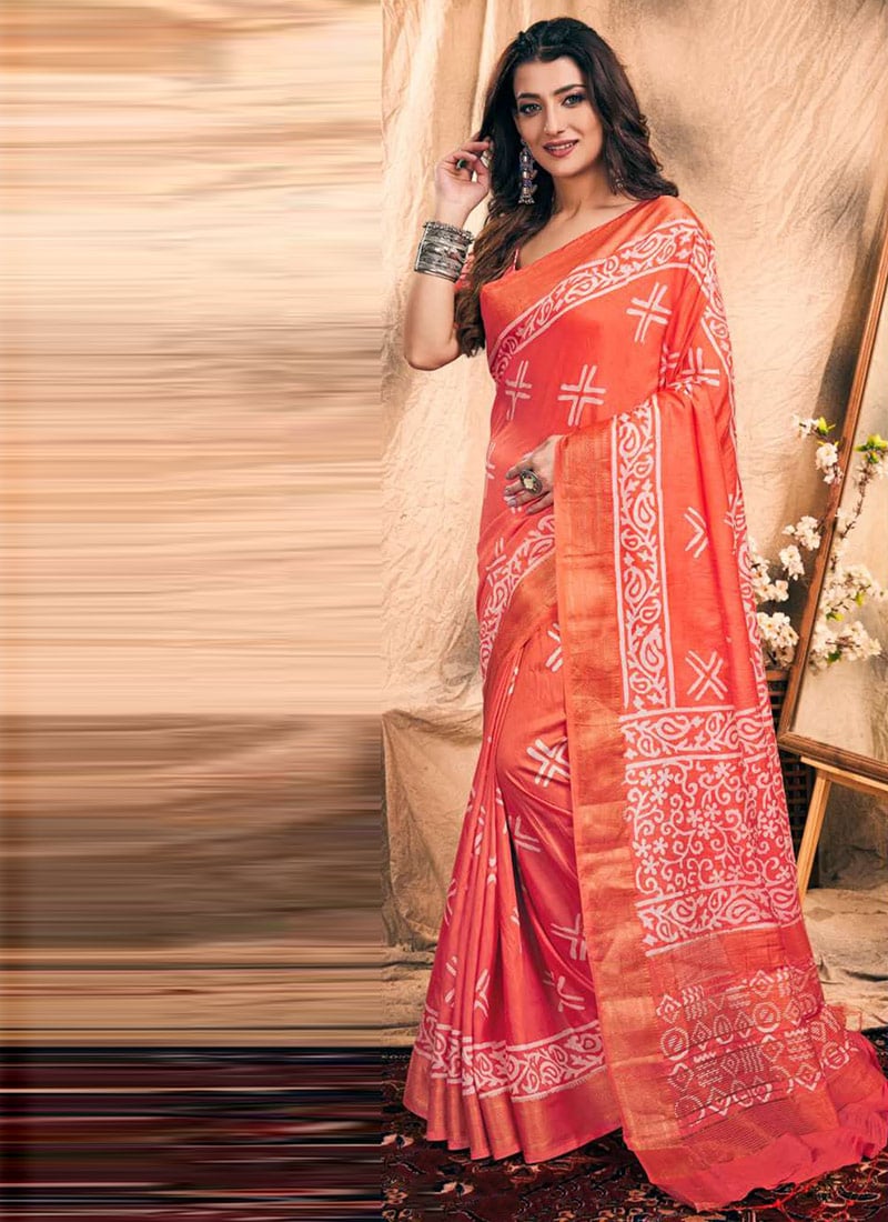 Stylish Orange Chanderi Silk Batik Print Saree After Six Wear