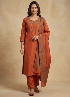 Stylish Orange Viscose Silk Embroidered Sequins Straight Pant Suit