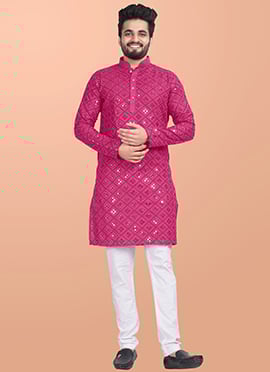 Stylish Pink Cotton Blend Foil Mirror Embroidered Kurta Pyjama