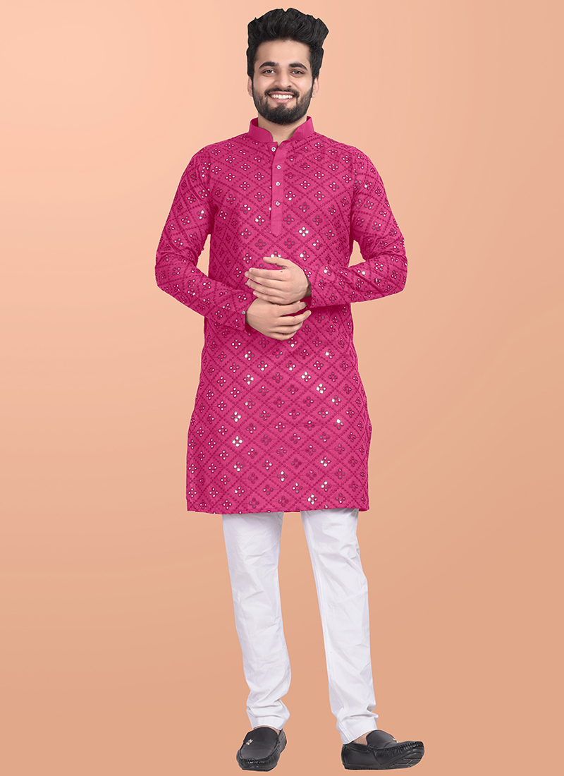 Stylish Pink Cotton Blend Foil Mirror Embroidered Kurta Pyjama Festive Wear