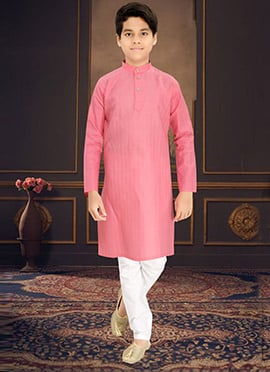 Stylish Pink Cotton Blend Zari Kids Boys Kurta Pyjama