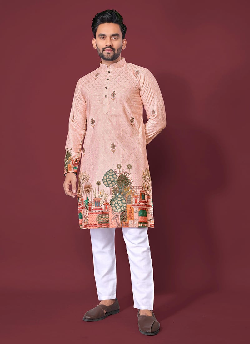 Stylish Pink Cotton Rayon Embroidered Sequins Kurta Pyjama Festive Wear