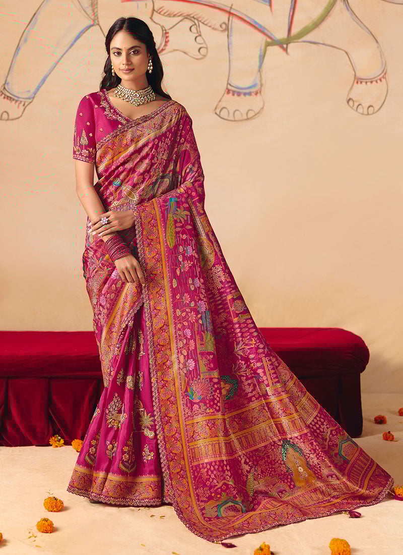 Stylish Pink Dola Silk Zari Embroidered Sequins Cut Work Jacquard Print Saree Wedding Wear