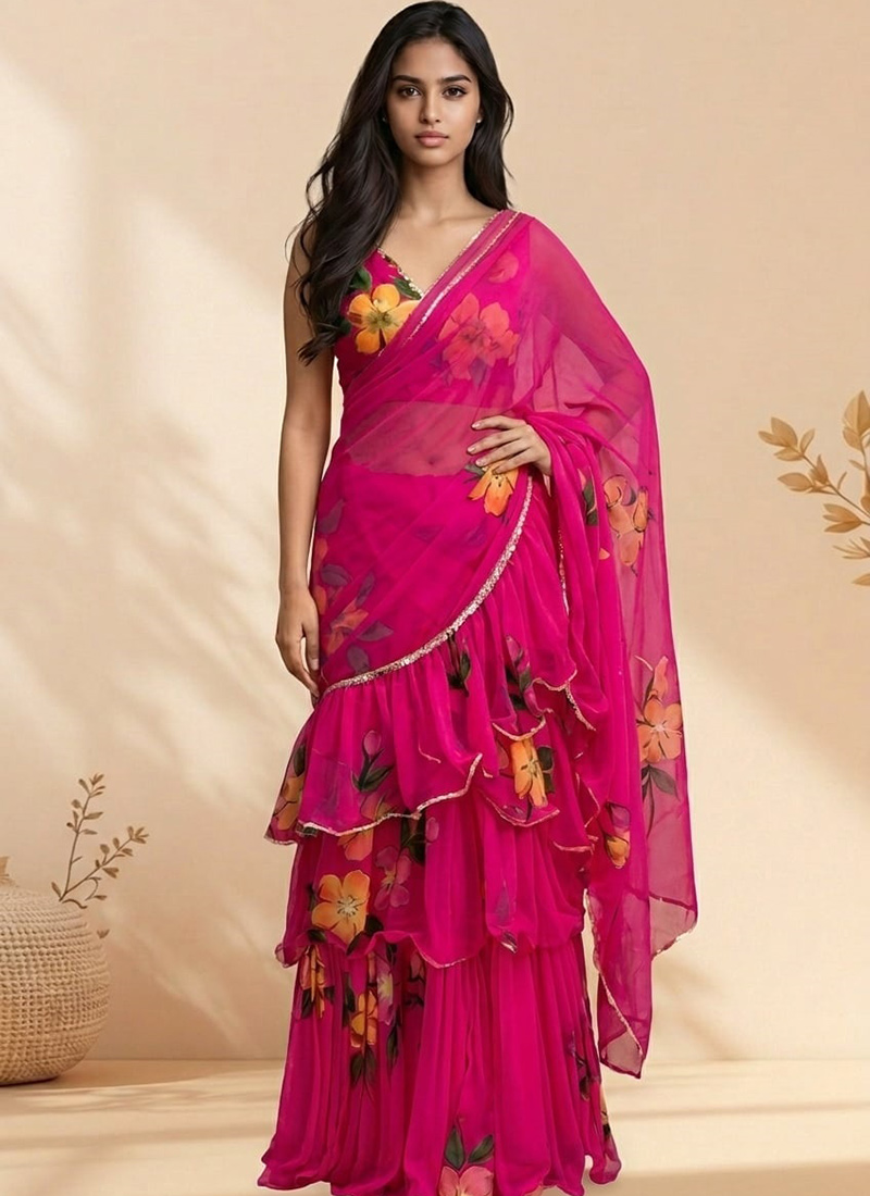 Stylish Pink Faux Georgette Digital Print Saree Wedding Wear