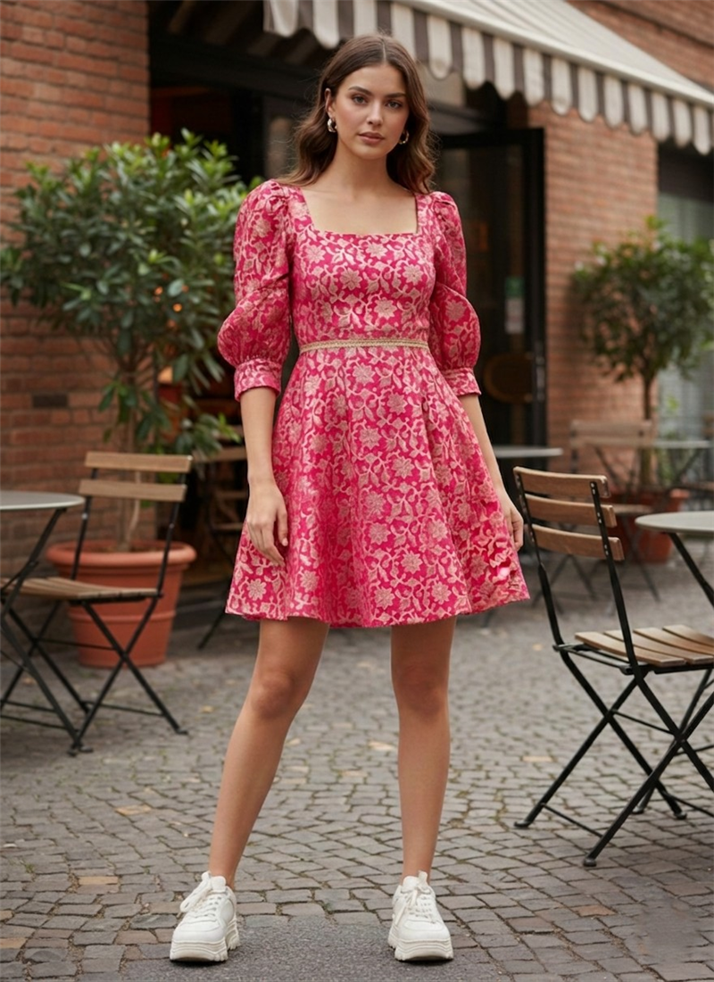 Stylish Pink Floral Silk Indo Western Midi Dress  Party Wear