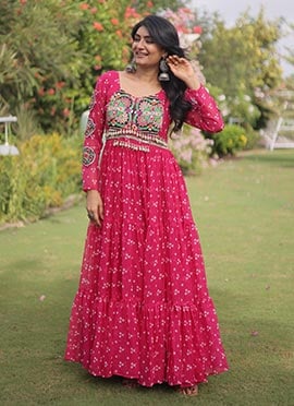 Stylish Pink Georgette Printed Gamthi Work Navratri Gown