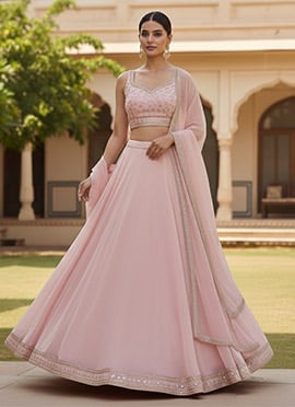 Stylish Pink Georgette Zari Sequins Hand Embroidered Umbrella Lehenga