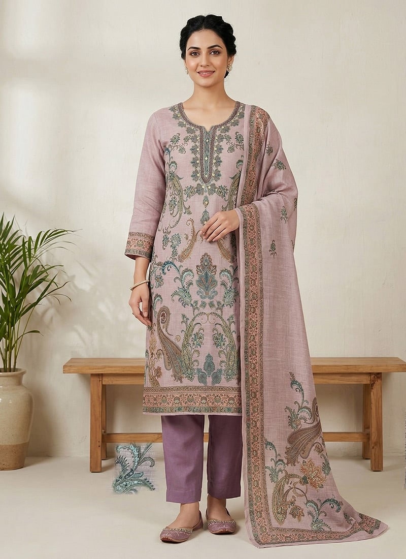 Stylish Pink Linen Digital Print Straight Pant Suit After Six Wear