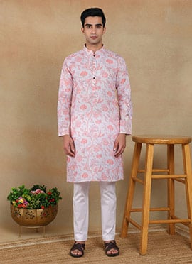 Stylish Pink Linen Printed Kurta Pyjama