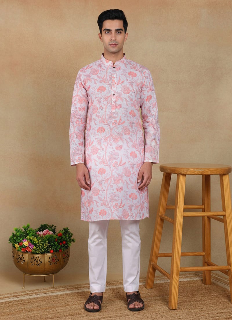 Stylish Pink Linen Printed Kurta Pyjama Festive Wear
