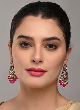 Stylish Pink Meenakari Kundan Pearl Hoops