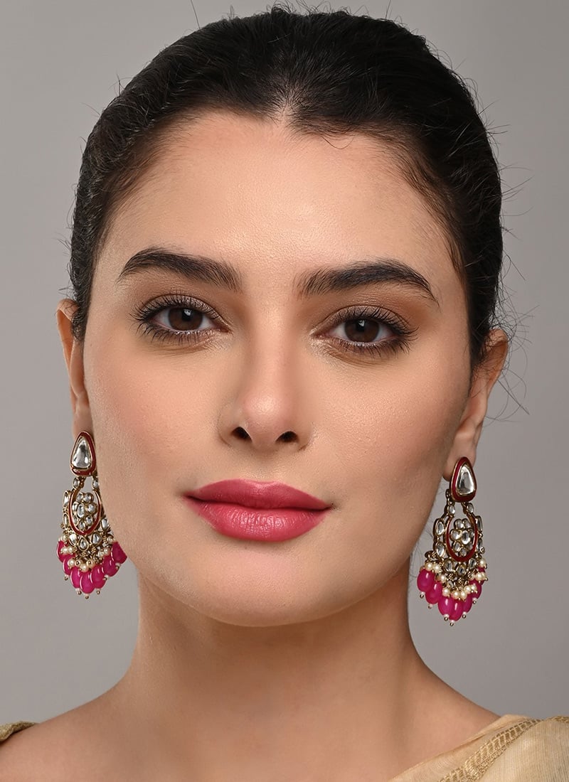 Stylish Pink Meenakari Kundan Pearl Hoops After Six Wear