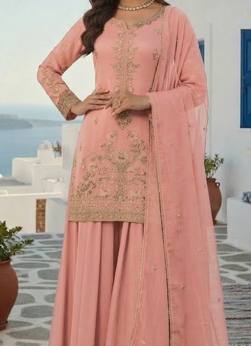 Shop Stylish Pink Rangoli Georgette Zari Sequins Palazzo Suit Festive ...
