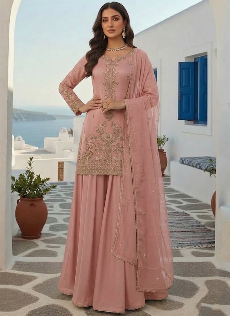 Stylish Pink Rangoli Georgette Zari Sequins Palazzo Suit Festive Wear