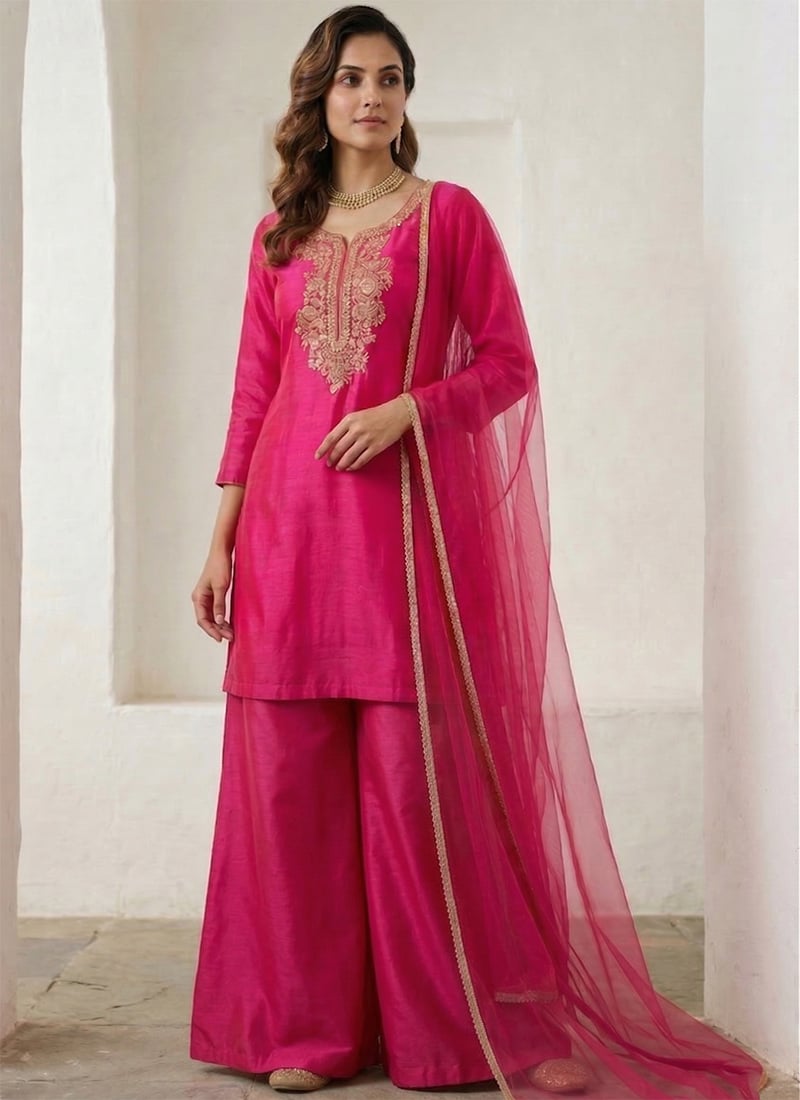 Stylish Pink Silk Embroidered Palazzo Suit Festive Wear