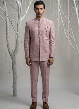 Stylish Pink Silk Embroidered Thread Bandhgala Suit