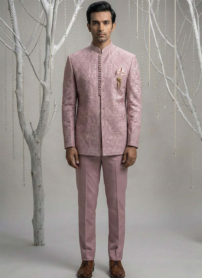 Stylish Pink Silk Embroidered Thread Bandhgala Suit Wedding Wear