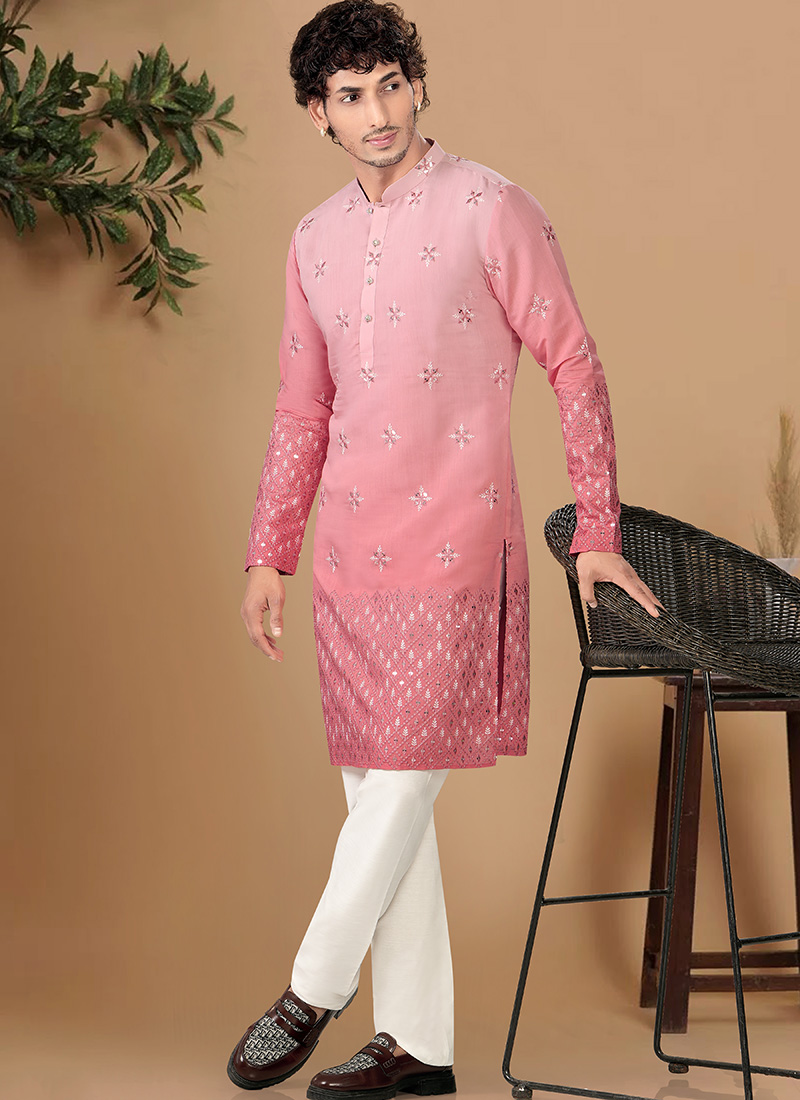 Stylish Pink Soft Silk Embroidered Kurta Pyjama Festive Wear