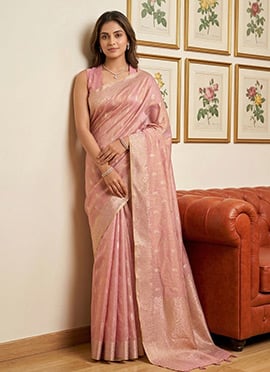 Stylish Pink Tissue Silk Jacquard Woven Saree
