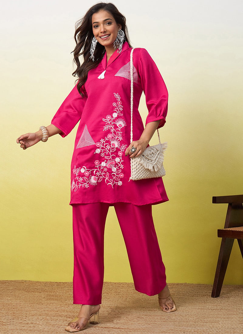 Stylish Pink Viscose Embroidered Indowestern Suit Work Wear