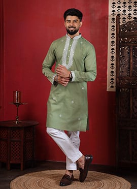 Stylish Pista Cotton Embroidered Kurta Pyjama