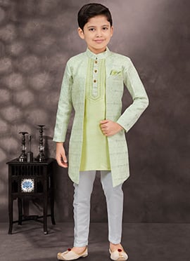 Stylish Pista Green Jacquard Banarasi Silk Sequins Indowestern Sherwani