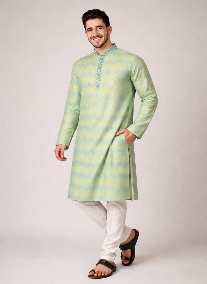 Stylish Pista Green Jacquard Silk Jacquard Kurta Pyjama Festive Wear