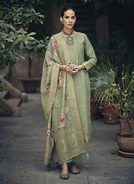 Stylish Pista Green Silk Cotton Woven Designer Digital Printed Straight Pant Suit