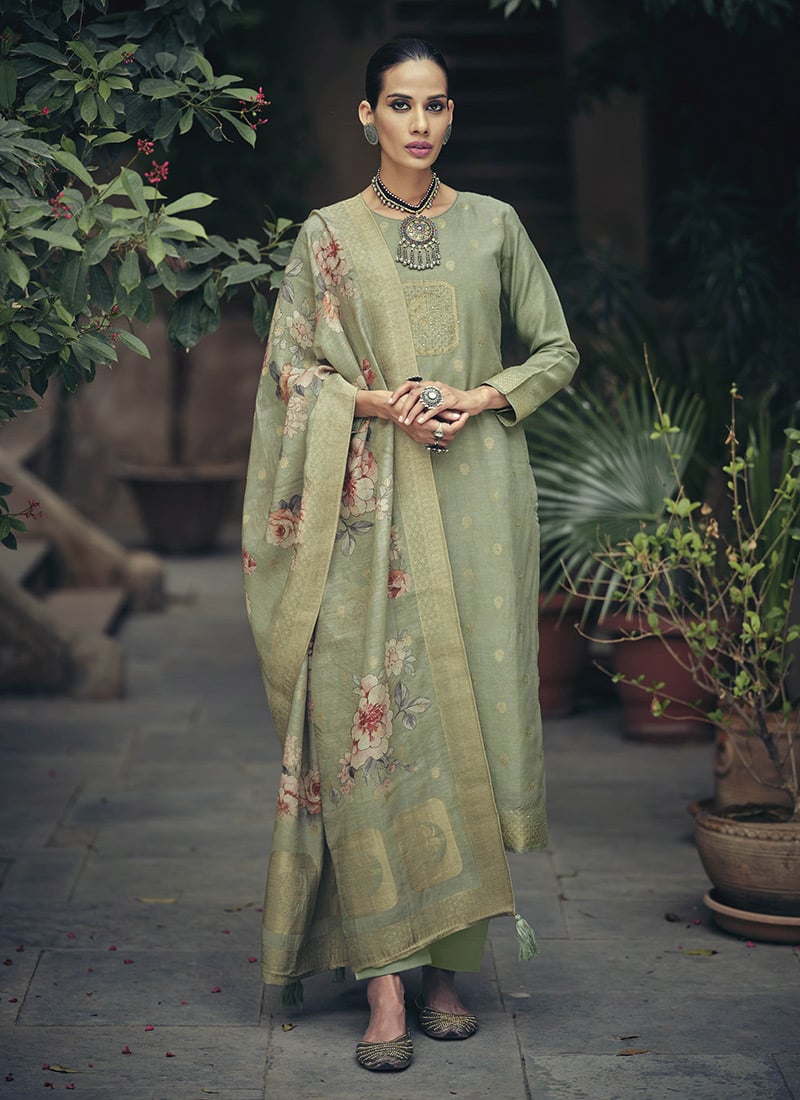 Stylish Pista Green Silk Cotton Woven Designer Digital Printed Straight Pant Suit After Six Wear