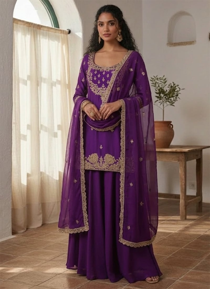 Stylish Purple Georgette Zari Sequins Palazzo Suit Festive Wear