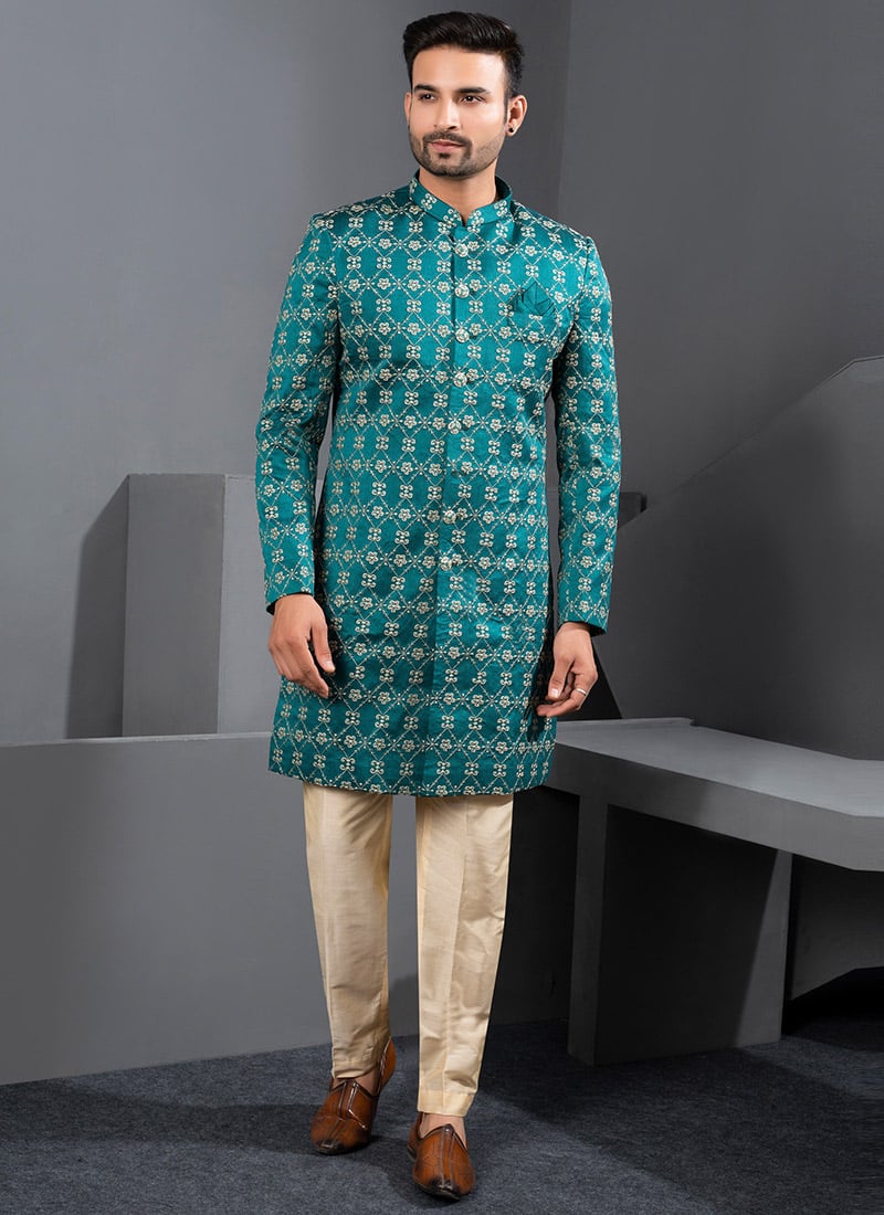 Stylish Rama Green Silk Zari Embroidered Indowestern Sherwani Wedding Wear