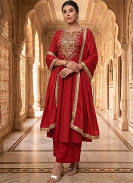 Stylish Red Chinon Silk Zari Sequins Palazzo Suit