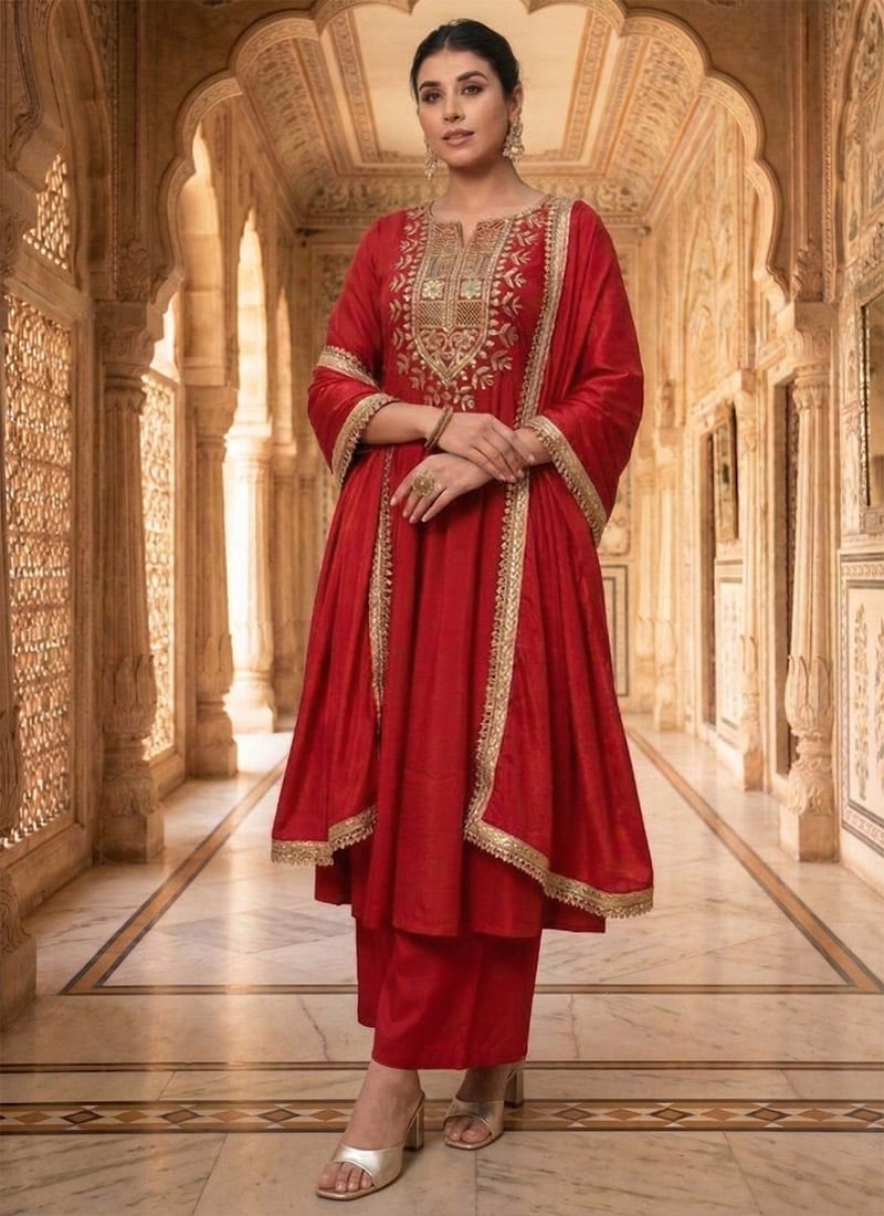 Stylish Red Chinon Silk Zari Sequins Palazzo Suit Festive Wear