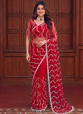 Stylish Red Net Sequins Saree