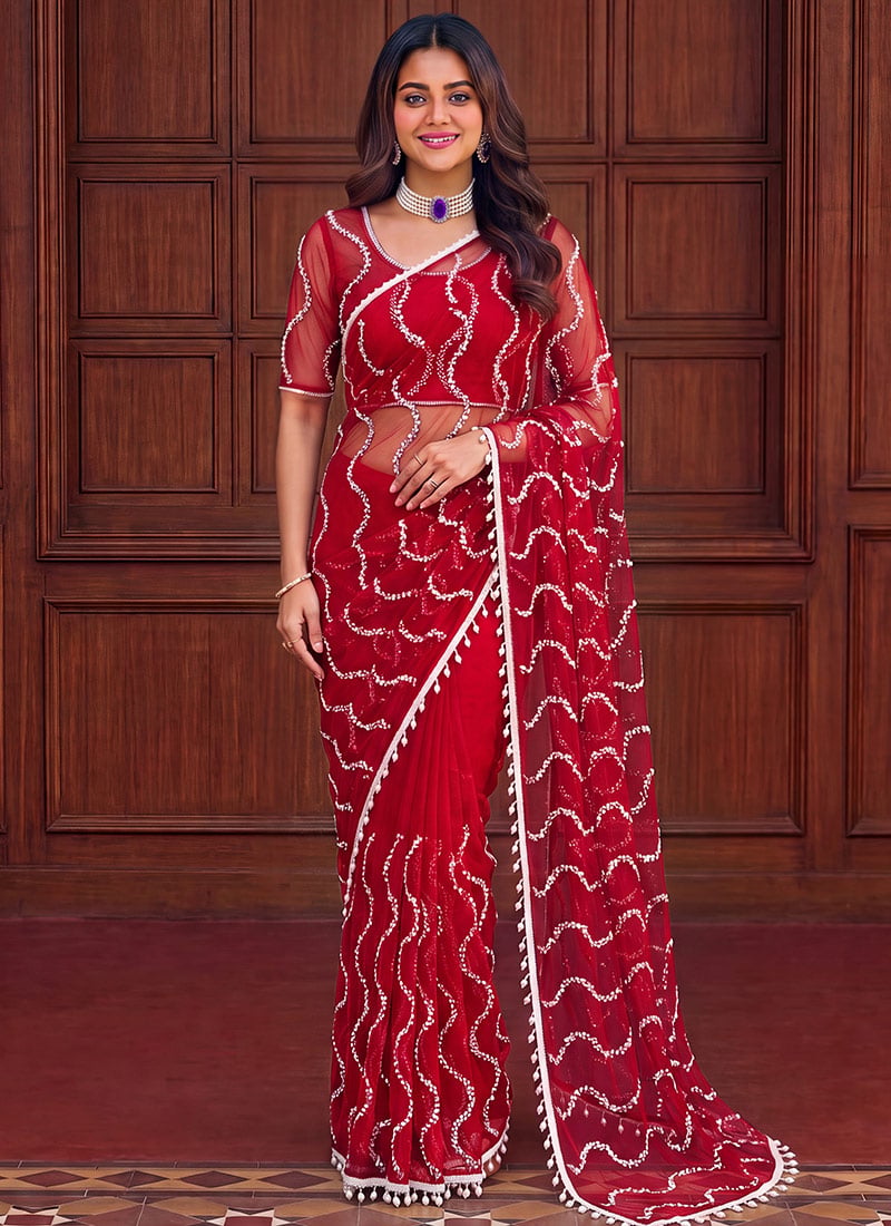 Stylish Red Net Sequins Saree After Six Wear