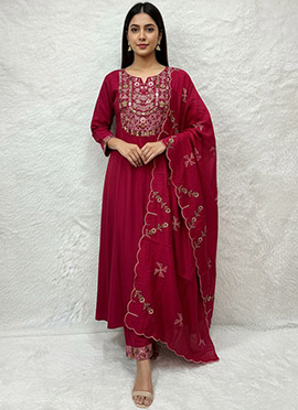 Stylish Red Viscose Silk Embroidered Mirror Work Straight Pant Suit