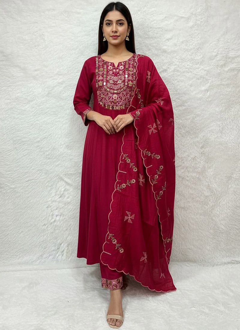 Stylish Red Viscose Silk Embroidered Mirror Work Straight Pant Suit Festive Wear