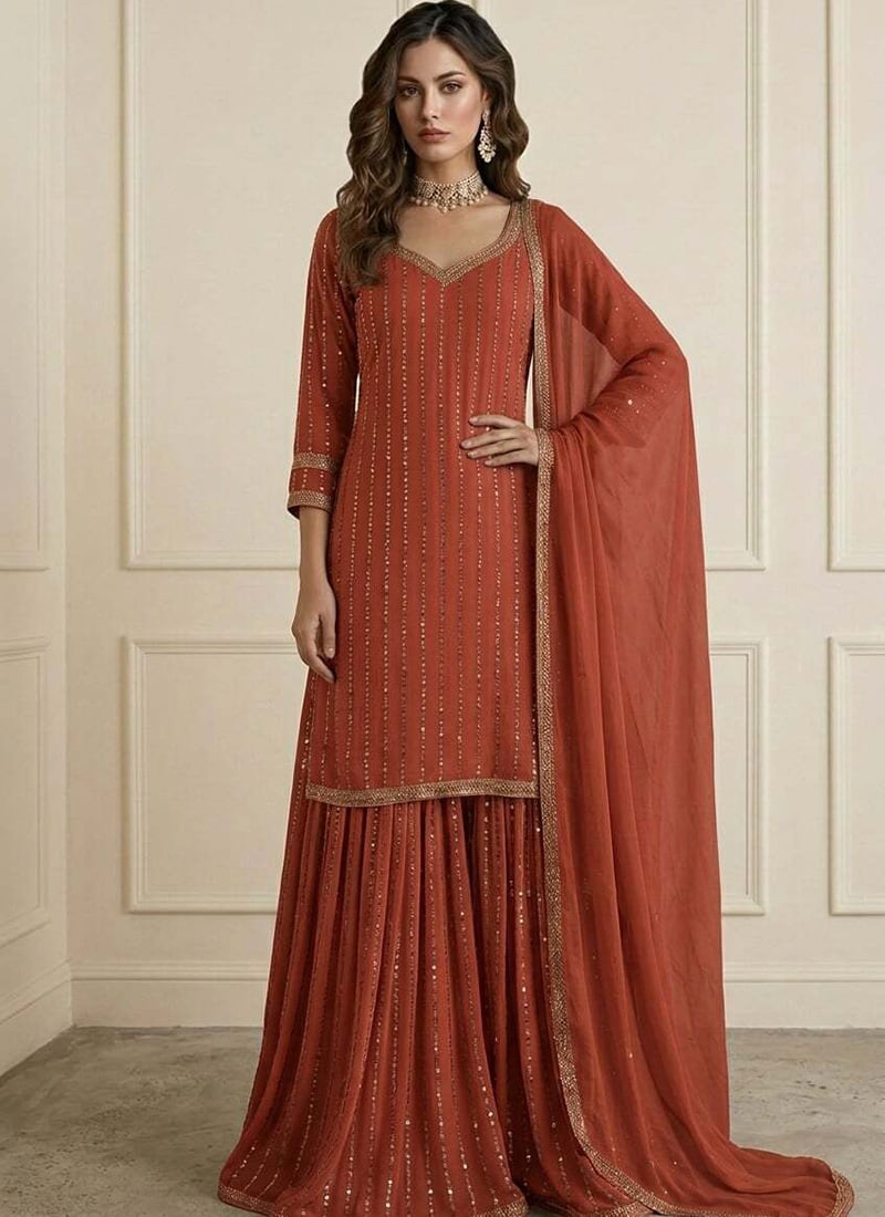Stylish Rust Art Silk Embroidered Sharara Suit Festive Wear