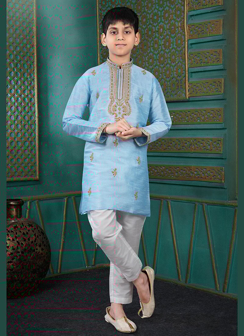 Stylish Sky Blue Art Silk Embroidered Kids Boys Kurta Pyjama Festive Wear