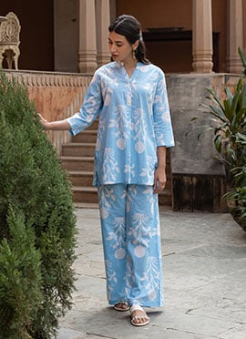 Stylish Sky Blue Cotton Printed Kurta Palazzo Set