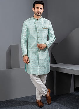 Stylish Sky Blue Jacquard Silk Zari Lace Work Indowestern Sherwani