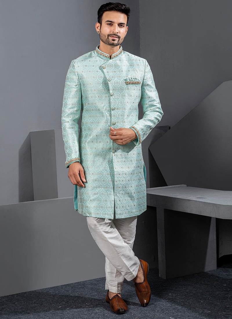Stylish Sky Blue Jacquard Silk Zari Lace Work Indowestern Sherwani Wedding Wear