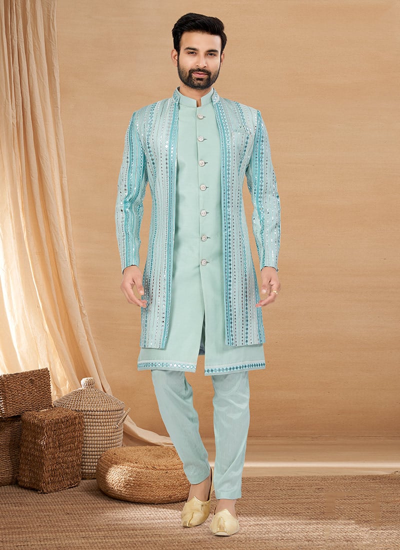 Stylish Sky Blue Silk Embroidered Mirror Work Indowestern Sherwani Wedding Wear