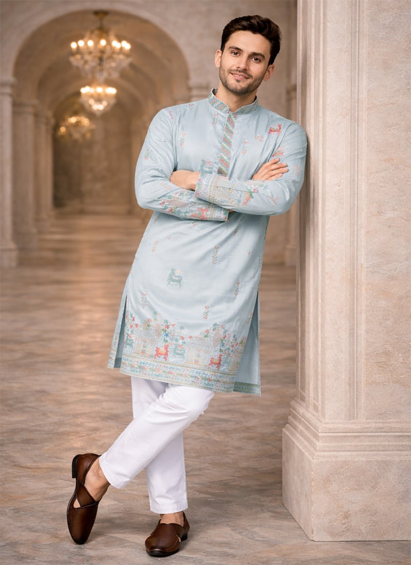 Stylish Sky Blue Soft Silk Thread Embroidered Kurta Pyjama Festive Wear