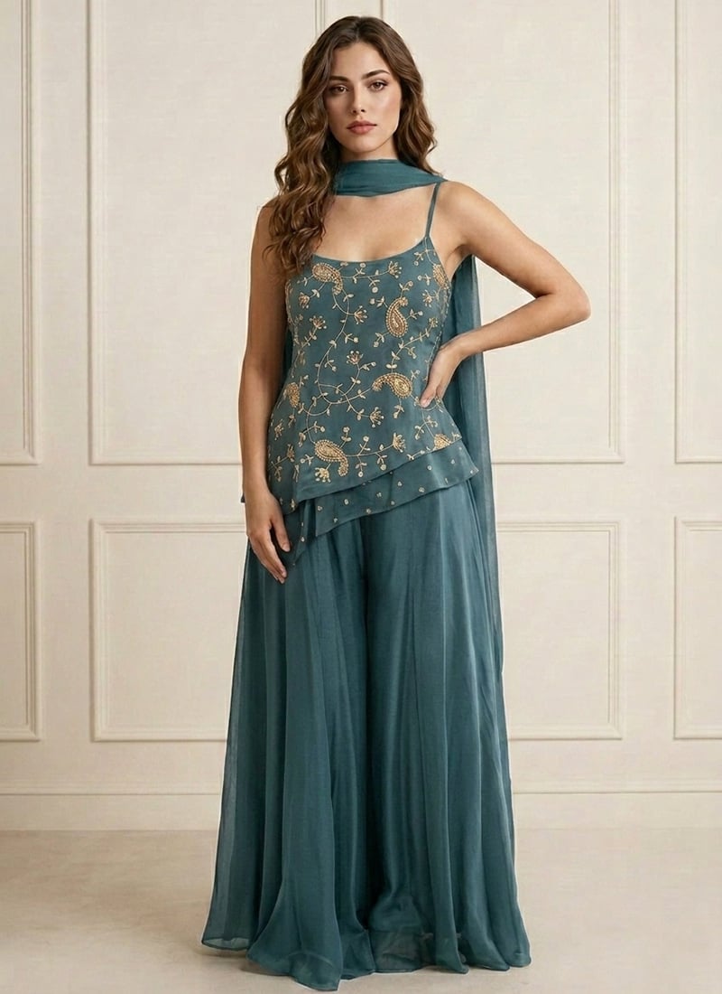 Stylish Teal Blue Art Silk Embroidered Palazzo Suit Festive Wear