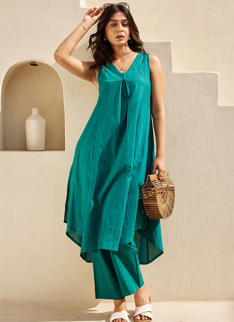 Stylish Teal Cotton Kurta Straight Pant Set After Six Wear