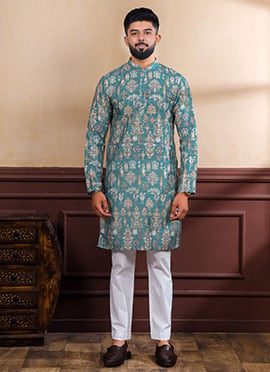 Stylish Teal Cotton Printed Kurta Pyjama