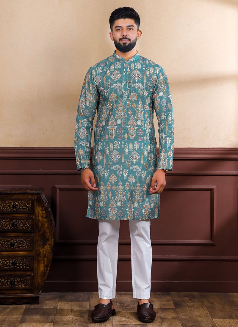 Stylish Teal Cotton Printed Kurta Pyjama Festive Wear