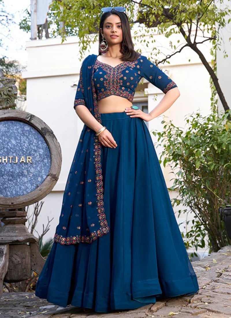 Stylish Teal Faux Georgette Sequins Embroidered Umbrella Lehenga Wedding Wear